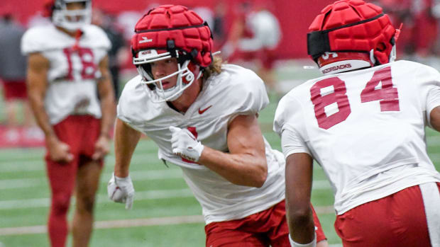 Razorbacks Isaac TeSlaa in fall camp practice 5 on Tuesday morning at the indoor facility